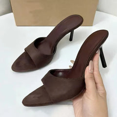 Designer Retro Brown Suede Women Slipper Sandal Round Open Toe Thin High Heels Mule Slides Summer Party Dress Shoe
