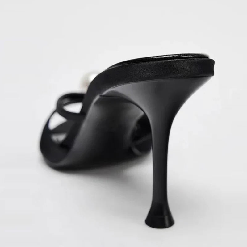 Women Design White Pearl Peep Toe Thin High Heels Modern Slippers Sandals