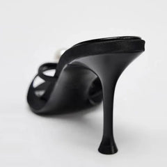 Women Design White Pearl Peep Toe Thin High Heels Modern Slippers Sandals