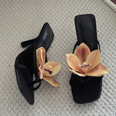 Orchid Flower Square Toe Party Prom Slippers For Woman Mules Shoes Pink Satin Clip On Low Heels Beach Flip Flops