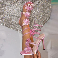 Star Style Crystal Flowers Snake Coiled Ankle Strap Sandals