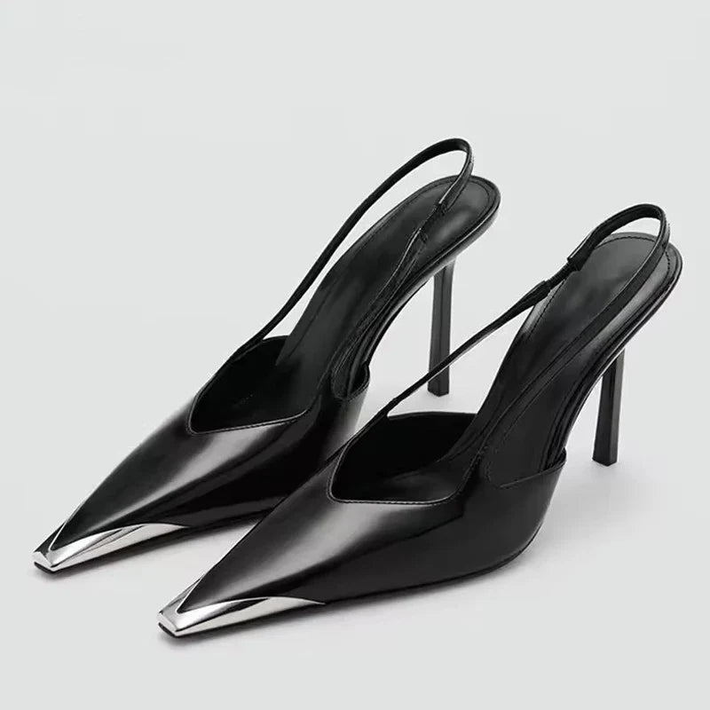 Design Metal Pointed Toe Black High Heels Sexy Slingback Sandals