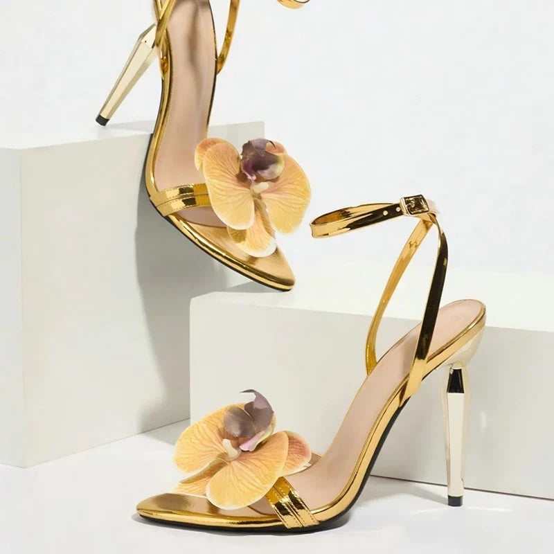 Strange Style Metal High Heels For Ladies Orchid Flowers Narrow Band Open Toe Ankle Strap Sandals