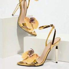 Strange Style Metal High Heels For Ladies Orchid Flowers Narrow Band Open Toe Ankle Strap Sandals
