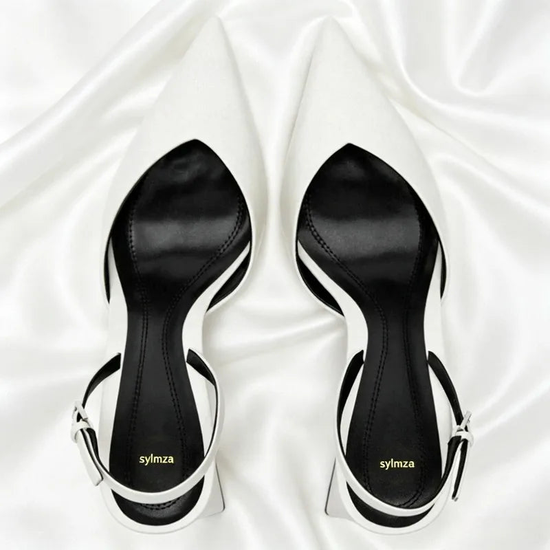 Sexy White Pointed Toe Chunky Heel Pumps