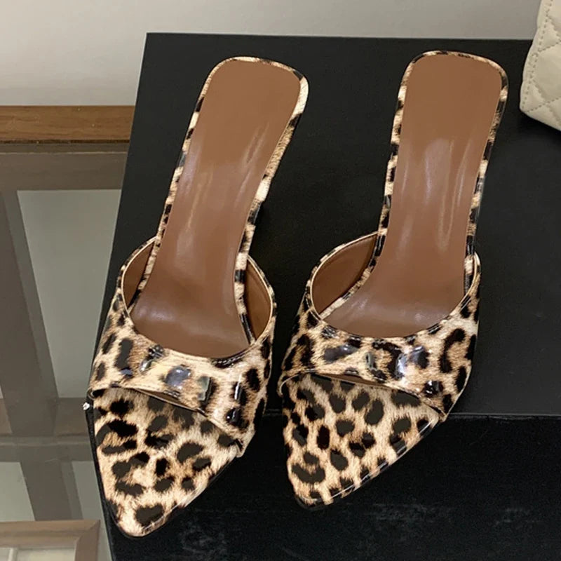 Sexy Leopard Print Patent Leather Women Slippers Sandals