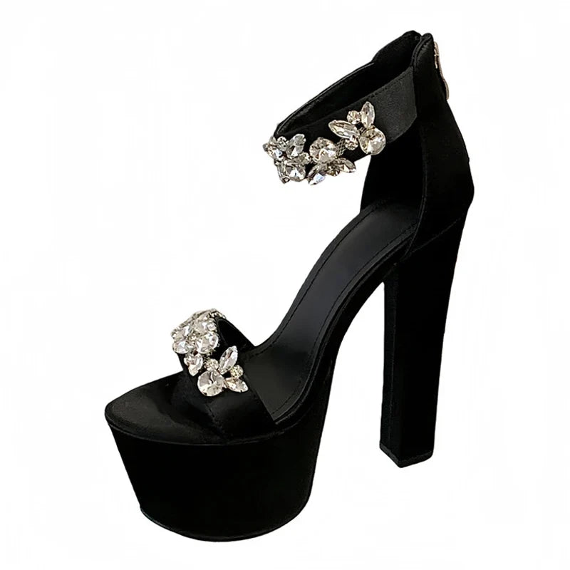 Runway Style Black High Heels Chunky Platform Sandal Women Crystal Diamond Ankle Strap Zip Banquet Party Prom Shoe