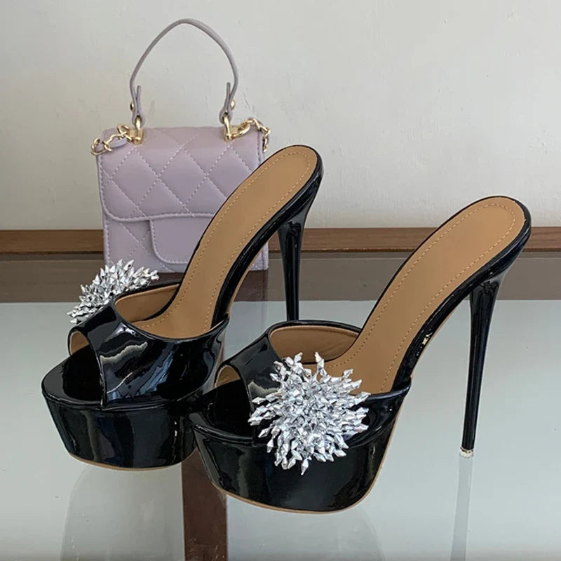 Summer 16CM Women Super High Heels Slipper Sexy Peep Toe Party Stripper Shoes Black Apricot Patent Leather Platform Sandal
