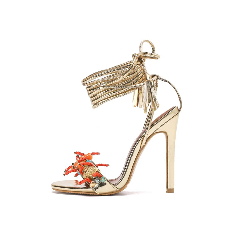 Design String Bead Starfish Shells Coral Gold Sandals