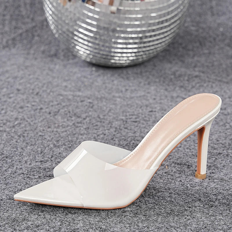 Green PVC Transparent Jelly Shoes For Women Sexy Pointed Open Toe Shallow Slider Slippers Ladies Sandals