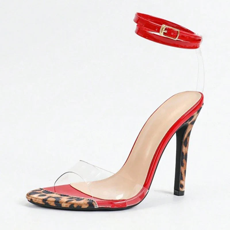 Sexy Leopard Print High Heels Transparent Sandal Red Patent Leather Ankle Strap Women Party Stripper Shoes Size 43