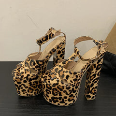 Sexy Leopard Print Patent Leather Chunky Platform Sandals