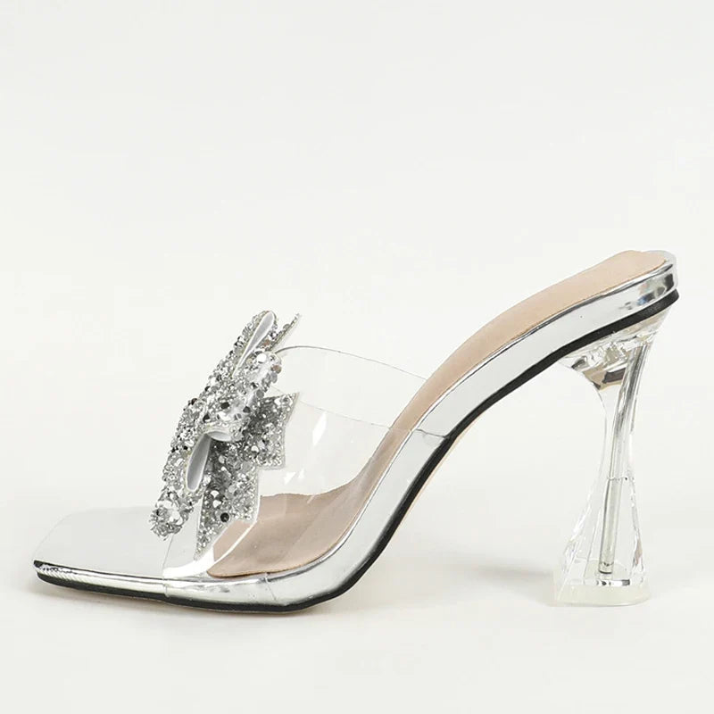 Silver Sequined Butterfly Knot Women Transparent Slippers Summer Square Toe Clear High Heels Sandals