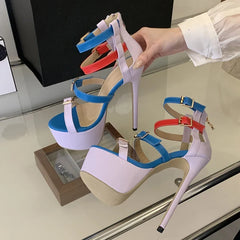 Runway Style Patchwork Mixed Colors One-Line Buckle Sandals