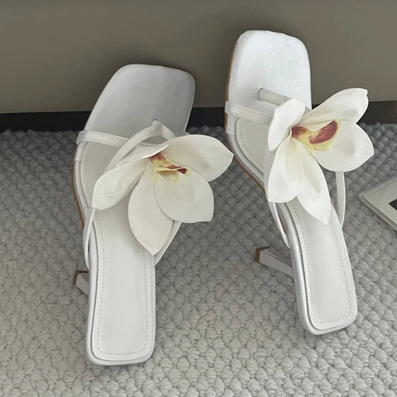 Orchid Flower Square Toe Party Prom Slippers For Woman Mules Shoes Pink Satin Clip On Low Heels Beach Flip Flops