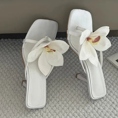 Orchid Flower Square Toe Party Prom Slippers For Woman Mules Shoes Pink Satin Clip On Low Heels Beach Flip Flops