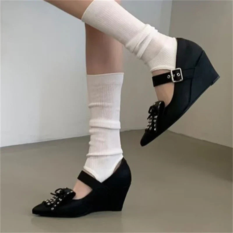 Satin Butterfly-knot Rivet Pointed Toe Pumps