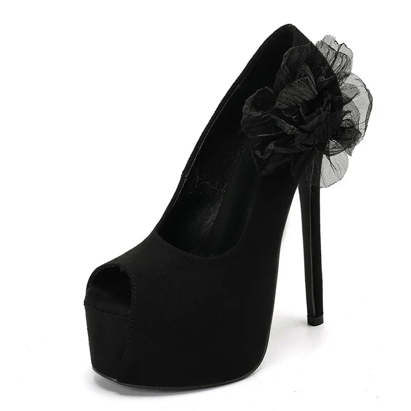 Black High Heels For Ladies Mesh Flower Women Platform Pumps Sexy Peep Toe Stiletto Party Dress Shoe Zapatos Mujer