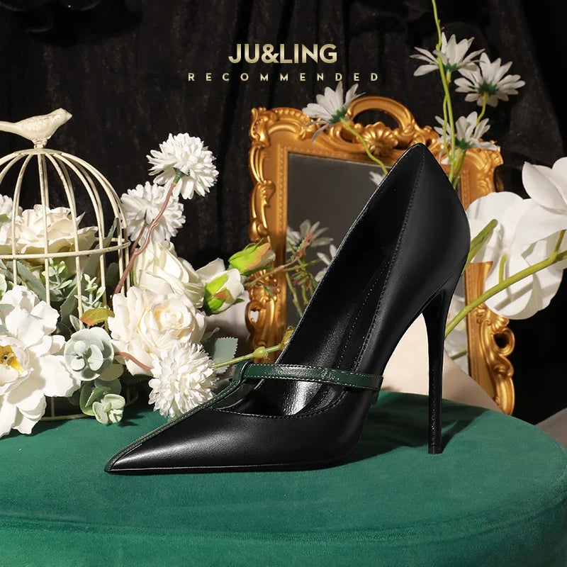 Style High Heels Women's Thin Heels T-shaped Straps Sexy Black Pointed Single Shoes Color blocked Splicing Single Shoes