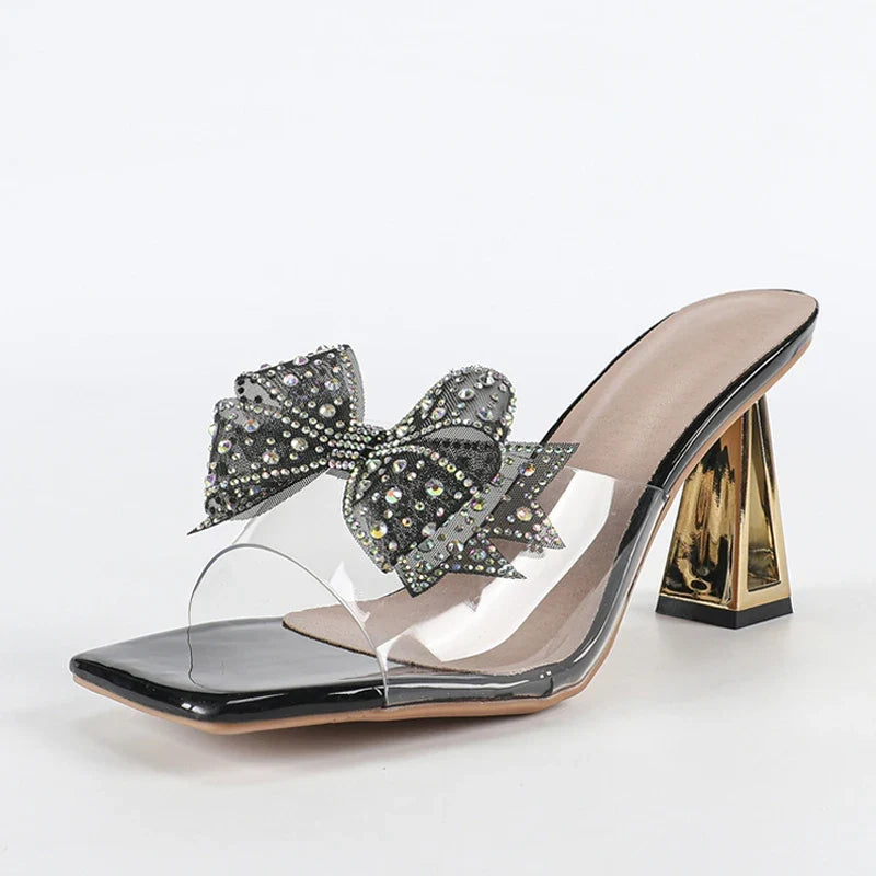 Strange Style Metal Fretowrk Heels Transparent Slippers