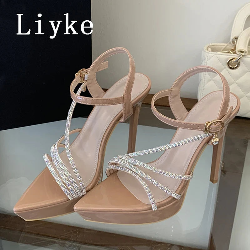 Designer Rhinestone Narrow Band Pointed Open Toe Black High Heels Platform Sandals