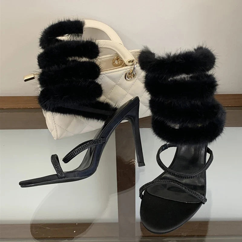 Star Style White Feathery Fur Snake Twine Around Ankle Strap Sandals