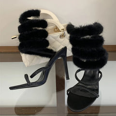 Star Style White Feathery Fur Snake Twine Around Ankle Strap Sandals