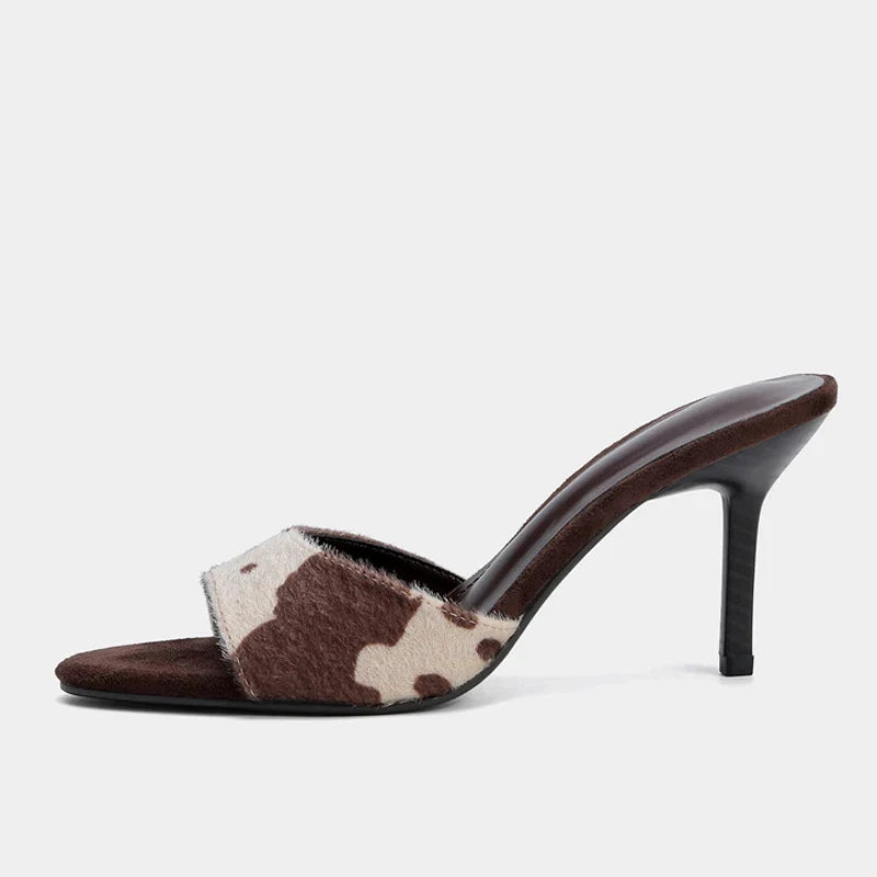Designer Retro Brown Suede Women Slipper Sandal Round Open Toe Thin High Heels Mule Slides Summer Party Dress Shoe