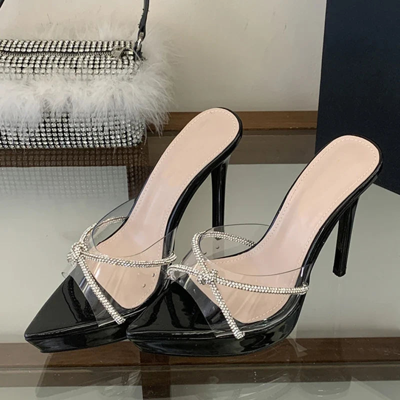 Rhinestone Cross Strap Transparent Slippers