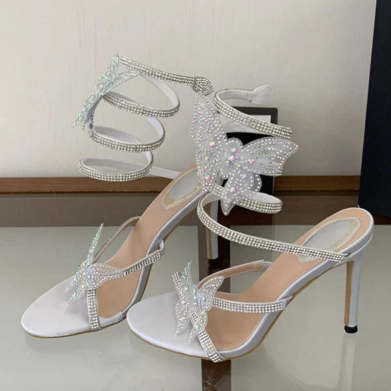 Big Crystal Butterfly Snake Shaped Winding Belt High Feeled Sandals