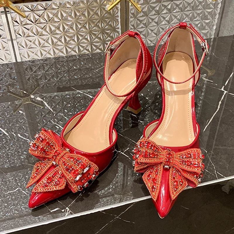 Rhinestone Bowknot High Heels Wedding Party Prom Shoes Elegant Pointed Toe Slingback Sandals