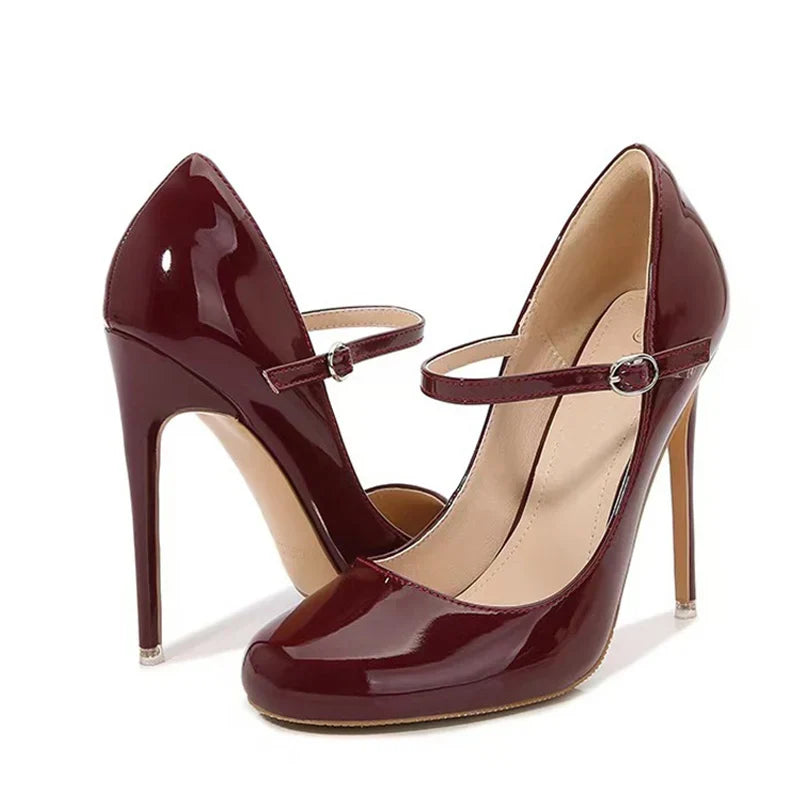 Patent Leather Round Toe Buckle Strap Office High Heels