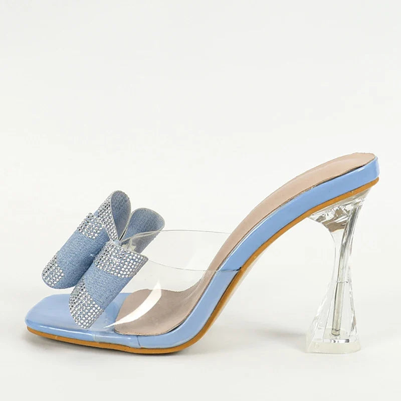 Summer Transparent Perspex High Heels Slippers Sexy Street Woman Square Toe Dress Shoes Crystal Bowknot Designer Sandals