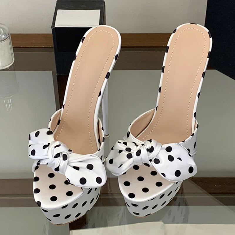 Cute Style Polka Dot Silk Bowknot Peep Toe 16CM Super High Heels Slippers