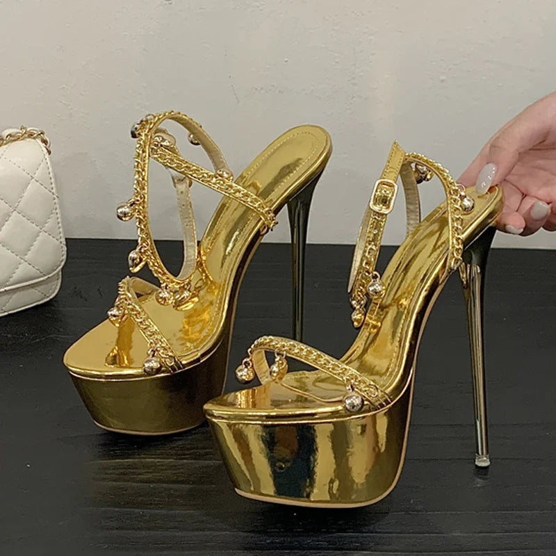Design Heart Bell Pendants Chain Ankle Strap Women Sexy 16CM Gold Sandals