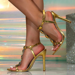 Summer Gold Gem Strap Designer High Heels Gladiator Sandals
