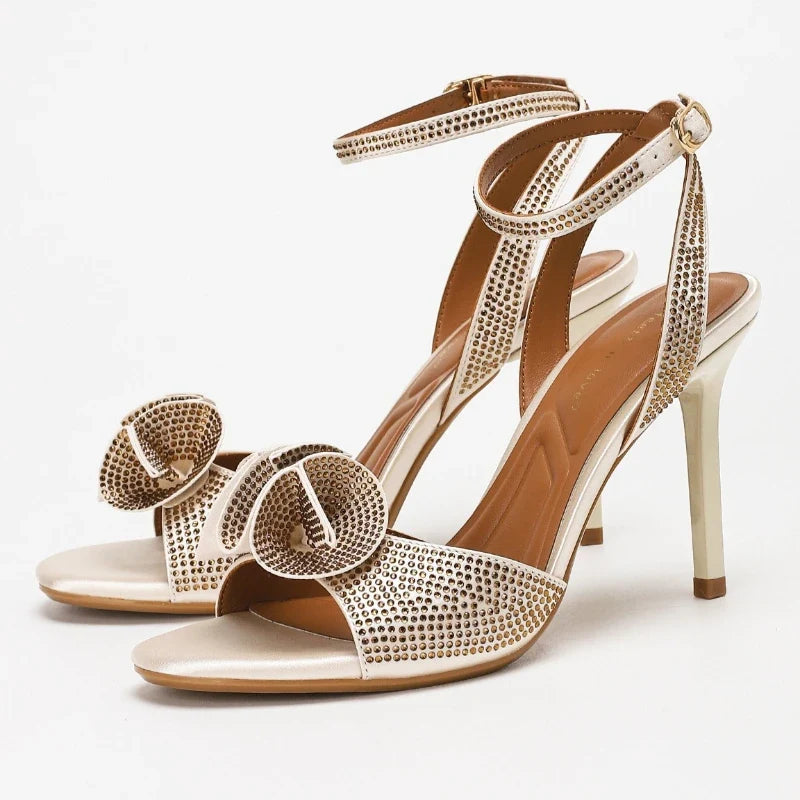 Elegant Rhinestone Flower Embellished High Heeled Sandals