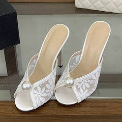Handmade Embroidery Flower Mesh Women's Thin Heeled Slippers White Pearl Designer Slides Sandals