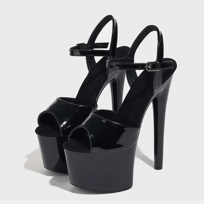 Big Size 42 43 Sexy Party Club Stripper Pole Dance Shoes Black Patent Leather Super High Heels Platform Sandals