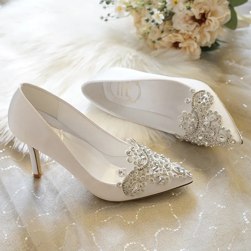 Spring pointed toe shallow silk surface rhinestone buckle wedding shoes banquet large size small size high-healed women's shoes