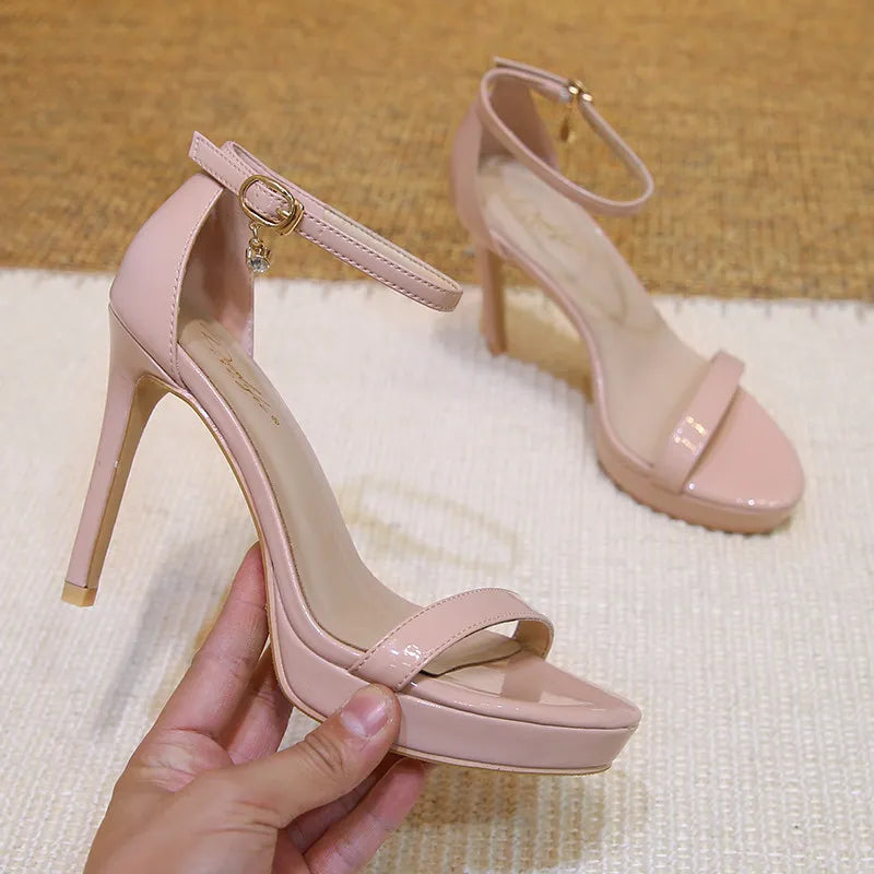 leather nude waterproof platform high-heeled shoes