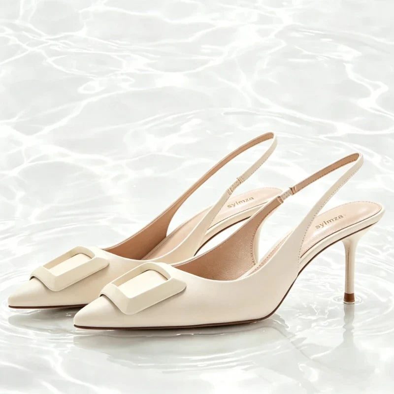 Elegant Square Buckle Detail Slingback Heels