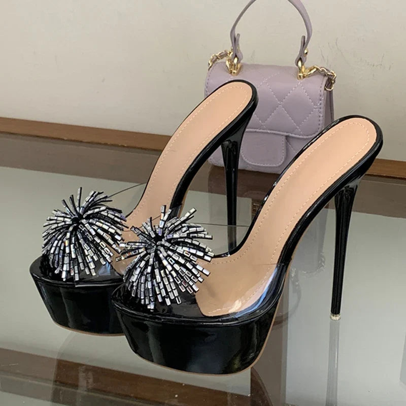 Design Rhinestone Flower Open Toe Show Platform High Heels Transparent Slippers