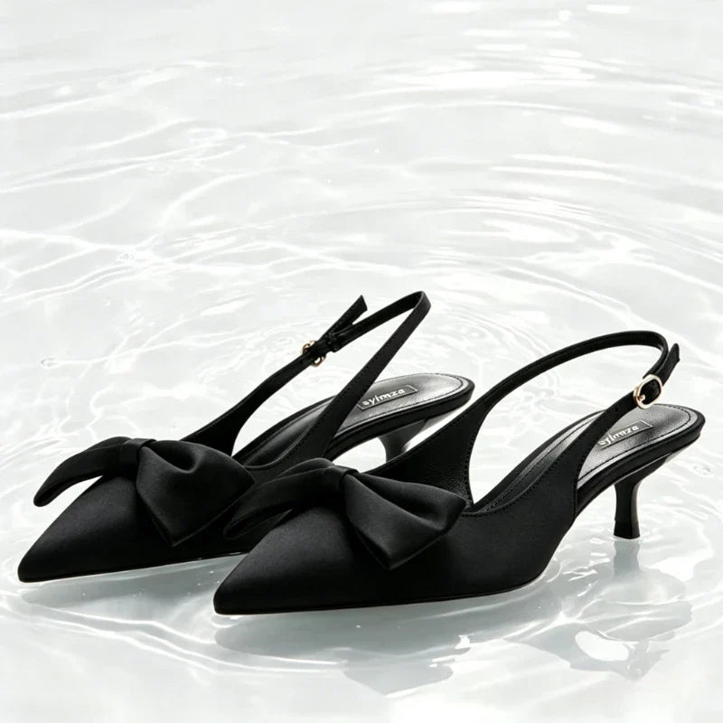 Elegant bow Detail black slingback Heels