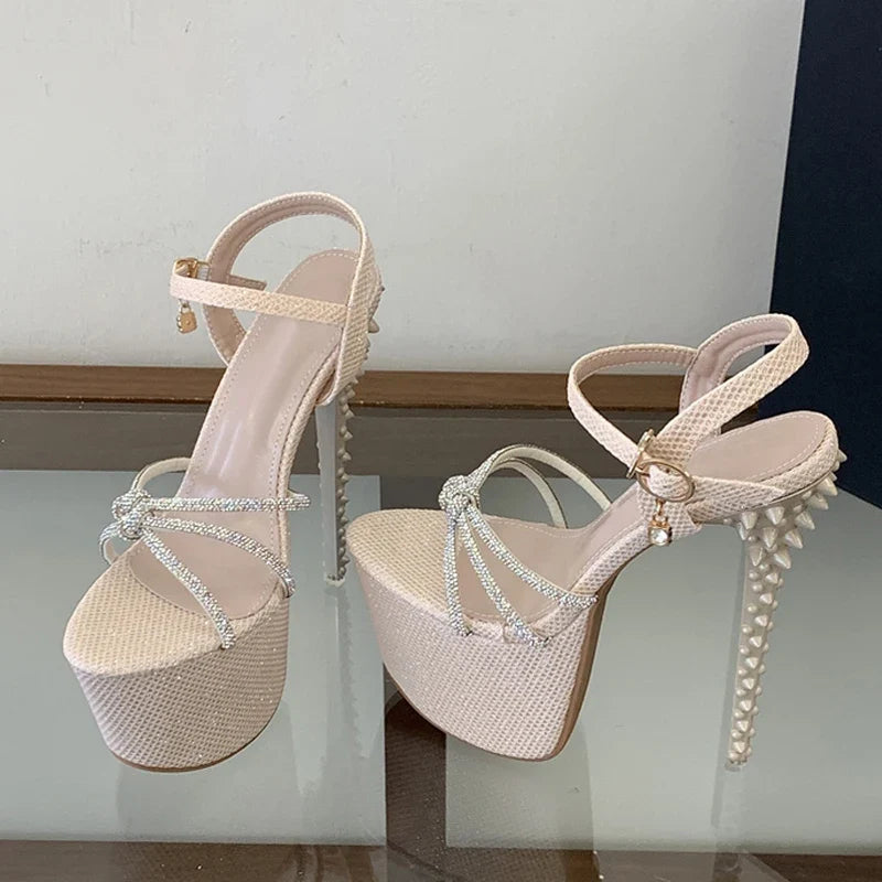 Summer Rhinestone Narrow Band Women Sexy 17CM Rivet Stiletto Sandals