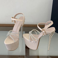 Summer Rhinestone Narrow Band Women Sexy 17CM Rivet Stiletto Sandals