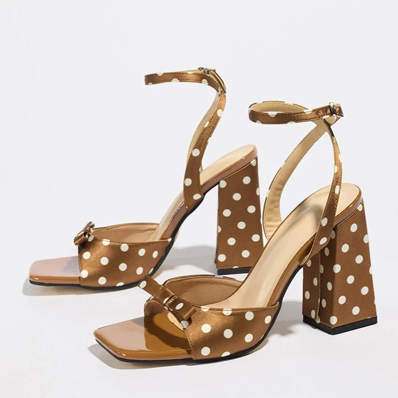 Summer Polka Dot Silk Thick High Heels Gladiator Sandals