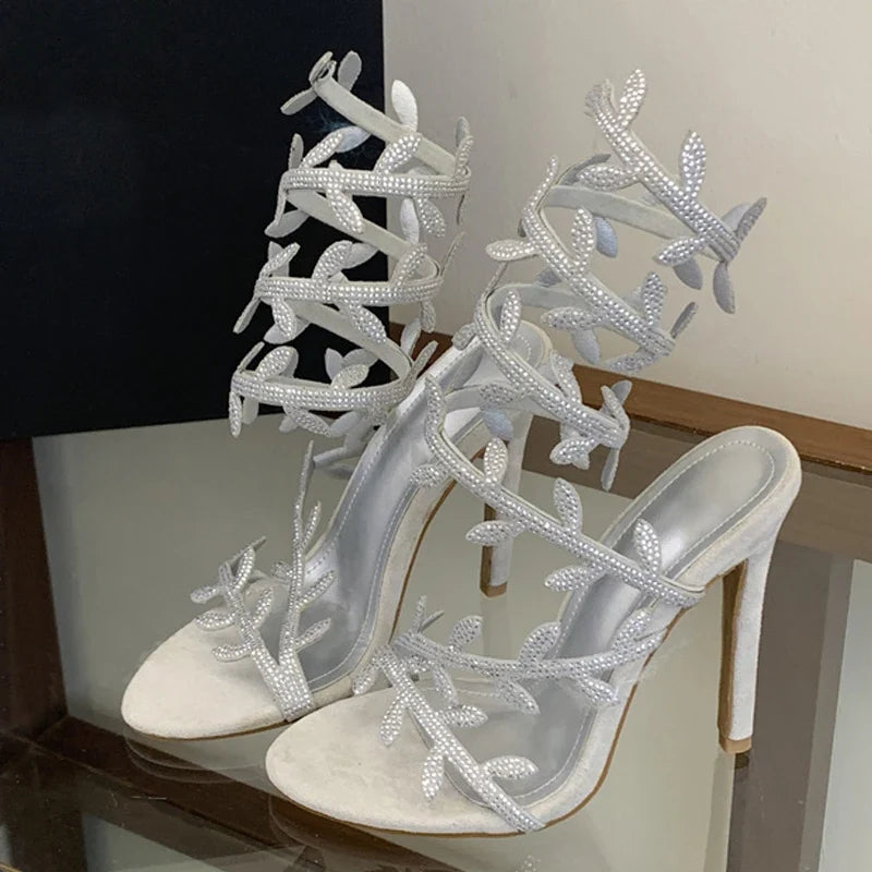 Summer Crystal Leaf Ankle Snake Twine Around Strap Sandals