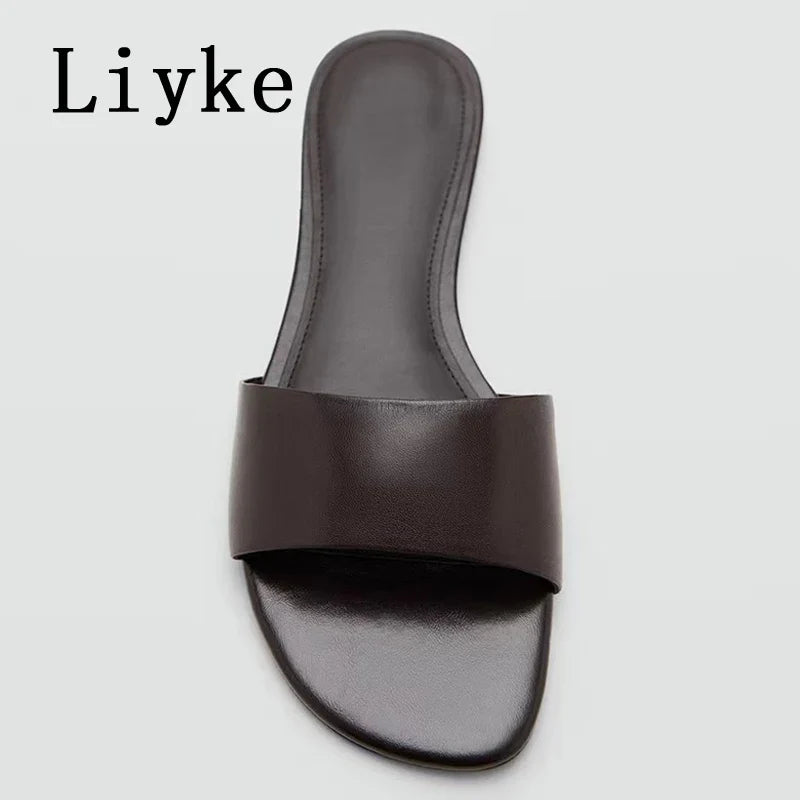 Designer Slides Female Concise Comfortable Leather Square Toe Flat Slippers