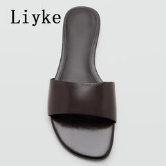 Designer Slides Female Concise Comfortable Leather Square Toe Flat Slippers